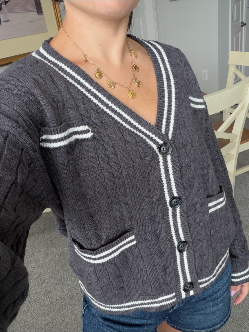 Charcoal Cable-Knit V-Neck Cardigan Sweater with Contrast Trim